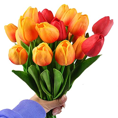 8 Piezas Tulipanes Artificiales de Flores,Flores de Tulipanes Artificiales de Látex,Ramos de Flores Falsos de Tulipanes Realistas,para Bodas,Novias,Hogar,Fiestas,Cumpleaños(Rojo y Naranja)