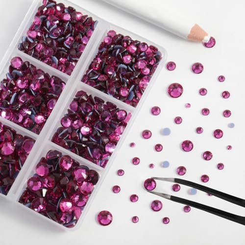 Image of BEADSLAND Hotfix Rhinestones, 6080PCS Hot Pink Rhinestones for Clothes Crafts Mixed 6 Sizes with Wax Pencil and Tweezers Kit, SS6-SS30, Fuchsia