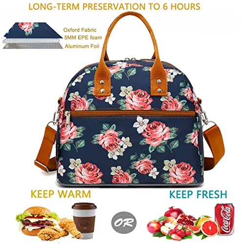 Flowfly Insulated Lunch Bag With Shoulder Strap For Women, Men, And Kids, Large And Reusable, Handle, Freezable Work And School Travel Tote And Meal Prep Organizer,Peony #TOP1