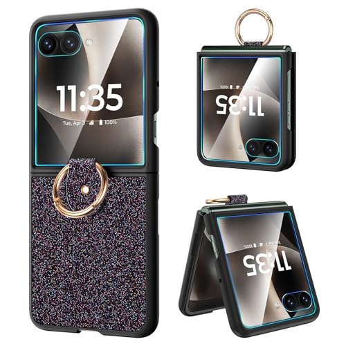 Caka Bling Case for Motorola Moto Razr Ultra & Razr Plus 2026/2025 Case, with Finger Ring Holder & Built-in Screen Protector, Slim Thin Sparkle Shiny Protective Phone Cover - Black by Caka - Used condition - US$8.49