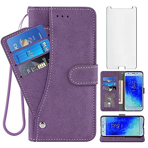 Compatible with Samsung Galaxy J3 Orbit J 3 Star 2018 3J Achieve Wallet Case Tempered Glass Screen Protector Flip Credit Card Holder Stand Cell Phone Cover for J3V V 3rd Gen SM J337A J337V J337 Purple