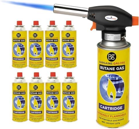 Blow Torch with 8 Butane Gas Bottles - for Camping, Cooking, Kitc...