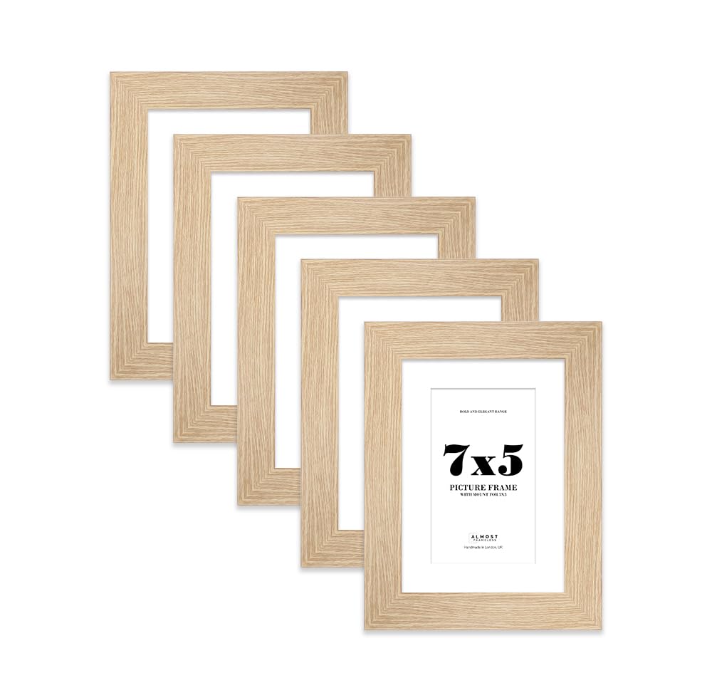 7x5" Oak Frame With Mount for 5x3" Pictures 28mm Edge Portrait and Landscape Display with Wall Hooks and Kickstand, 5 Pack