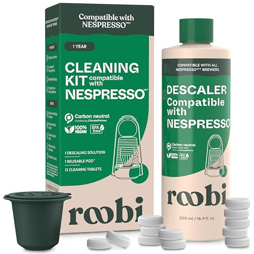 Roobi Entkalkungs- und Reinigungsset kompatibel mit Nespresso Original Line Enthält 1 Flasche Entkalkungslösung 12 Reinigungstabletten und 1 wiederverwendbare Pod. klimaneutral 1 Jahr Vorrat