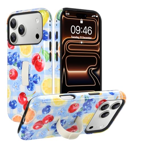 Coque iPhone 17 Pro motif fruits damier bleu pour sublimer vos photos de vacances
