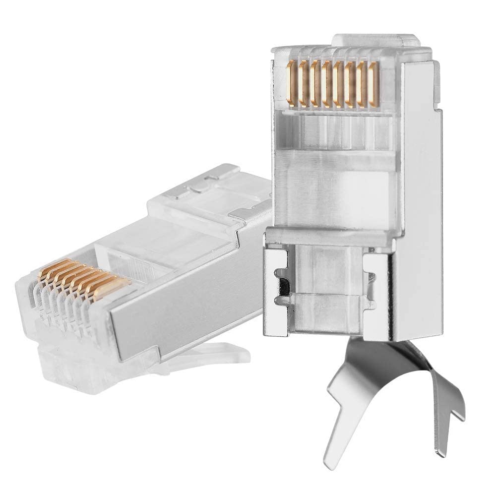 Rj45 Cat7 & Cat6A Crimping Connectors Rj45 8P8C Modular Plug 50U Nickel Plated 3 Prong Shielded FTP/STP External Ground for 23 Awg 0.573Mm Network Cable for Modem, Pc, Tv (PACK OF 100)(Silver)