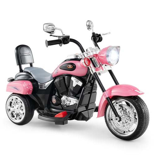 COSTWAY Moto Électrique 6V pour Enfants, Bouton Avant/Arrière, Phare Réglable de Haut en Bas, 3 Roues, Pédales et Dossier, Style de Chopper, Charge Max 30...
