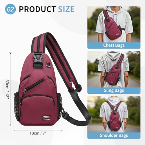 Image of Convertible Sling Bags for Women Men, Lightweight Crossbody Backpack Daypack Fit for 7.9 inch Tablet for Casual Travel Sport Hiking (Wine Red)