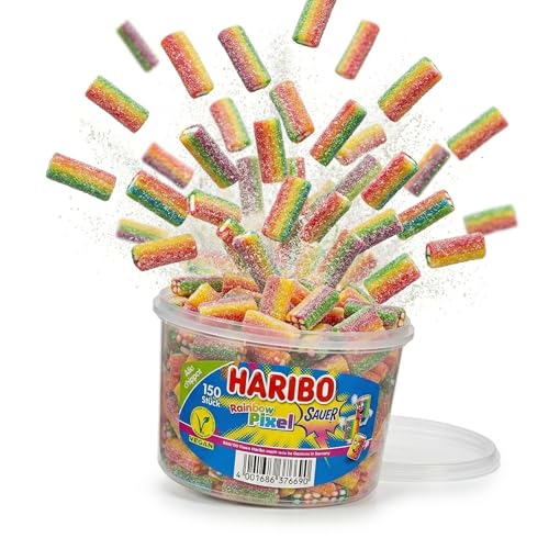 Haribo Rainbow Pixel Sauer – 150 Stück Runddose (1,2 kg) – Saure Fruchtgummi-Pixel in bunten Farben – Große Vorratsdose für Party, Büro & Sharing 5