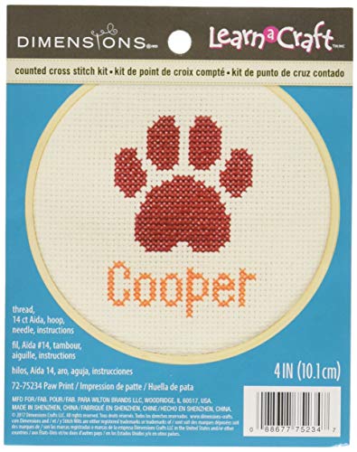 Image of Dimensions Learn-A-Craft 'Paw Print' Mini Counted Cross Stitch Kit for Beginners, Personalized Pet Name Craft, 4'', 10cm
