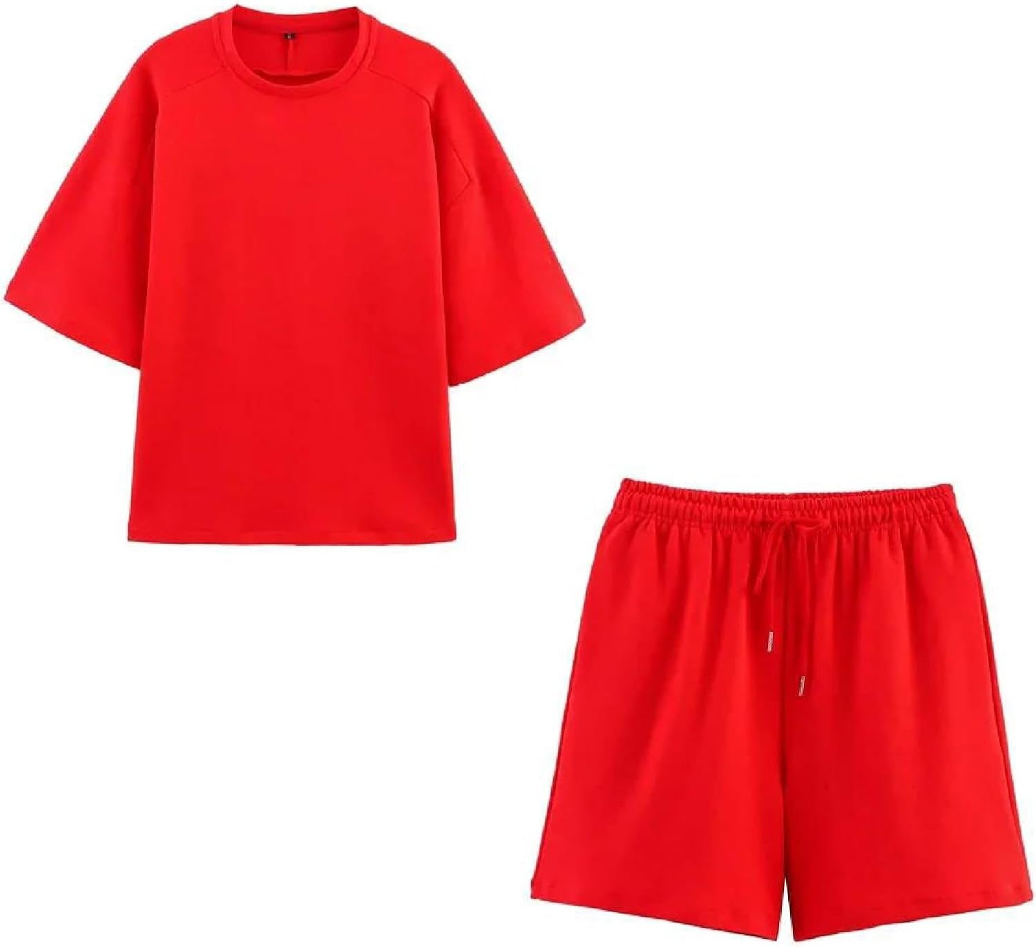 Women's Summer Fashion Two-Piece Set Solid Loose Short-Sleeve Top And High Waist Shorts Sportswear For Daily Wear
