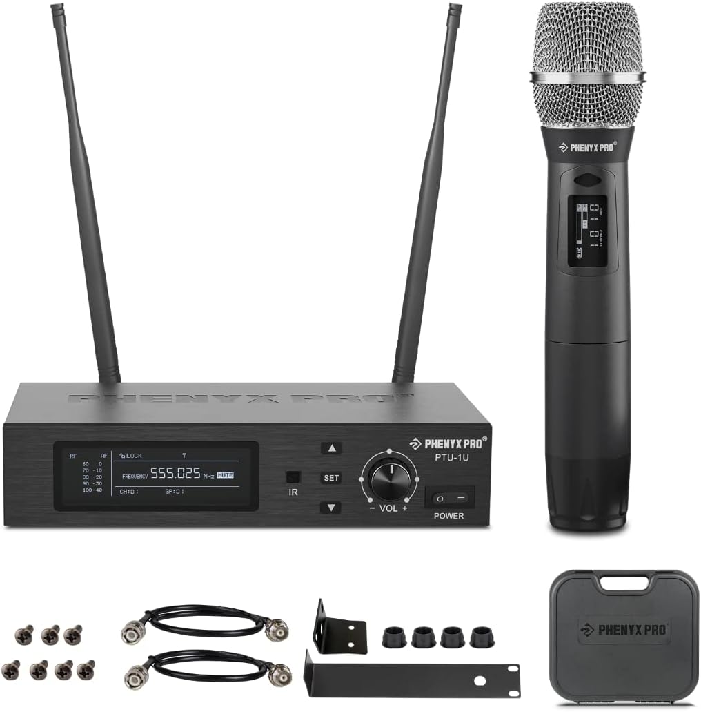 True Diversity Wireless Microphone System w/ 1000 Tunable Channels, Single Cordless Mic Set w/Auto Scan, UHF Professional Dynamic Microphone for Singing, Stage & Studio (PTU-1U)