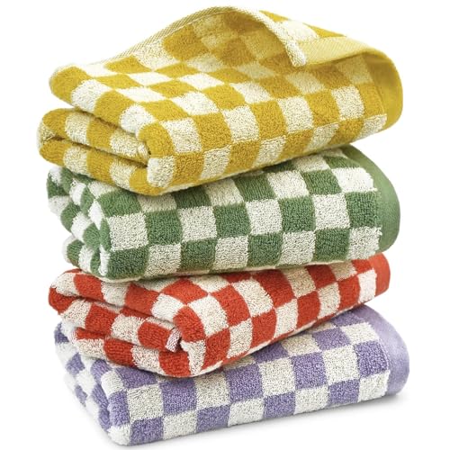Jacquotha Hand Towels for Bathroom 4 Pack, Cotton Soft Absorbent for Face Spa Bath Gym Kitchen, Hand Towel Set Decorative Checkered, 13 x 29 Inches, 4 Colors