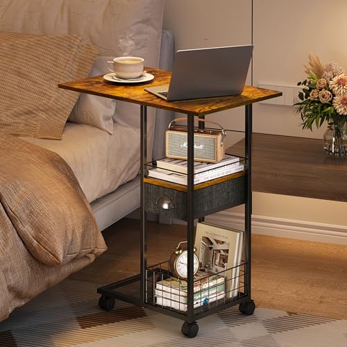 Rolling C-Shaped Side Table with Wheels and Oversized Wood Top, Mobile Overbed Stand with Drawer for Bed or Sofa, Metal Frame Couch Companion for Living Room, Bedroom, or Home Office (Large Desktop)