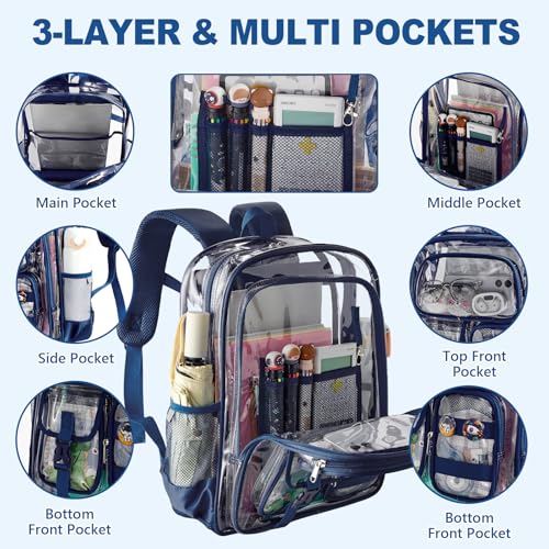 Image of Three-layer Clear Backpack, Heavy Duty Clear Bookbag for Kids, See Through Backpack Transparent Bag for Girls Boys (Navy)