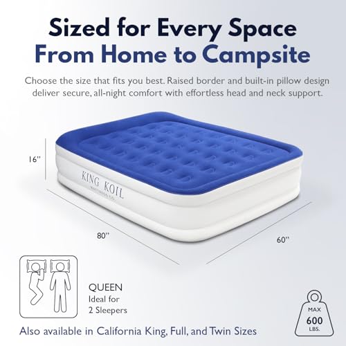 Image of King Koil Air Mattress Queen with Built-in Pump, Inflatable Blow Up Bed | 1-Yr Warranty, patented coil-beam support, flocked waterproof top, inflates in 90 sec, puncture-resistant PVC, 600lb capacity