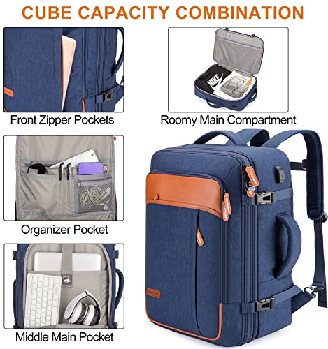 Lumesner Carry On Backpack, Blue, 40L Capacity, Expandable, Water Resistant, Suitable for Men and Women, Ideal for Travel