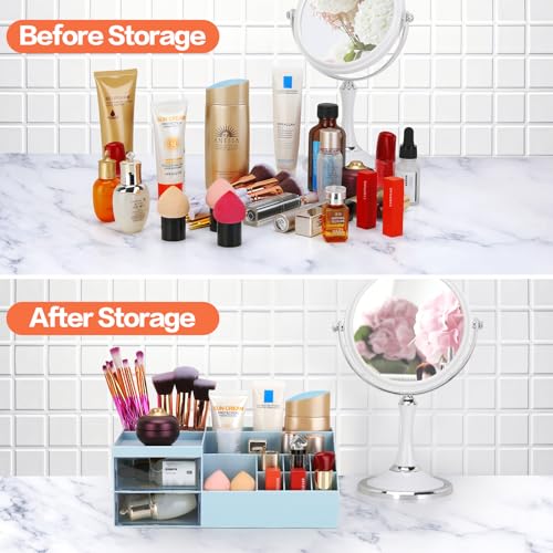 Image of LETURE Desk Organizer, Cosmetic Makeup Vanity Organizer Box, Bathroom Counter Makeup Storage for Eyeshadows, Skin Care, Concealers, Powders, Nail Polish (Blue)