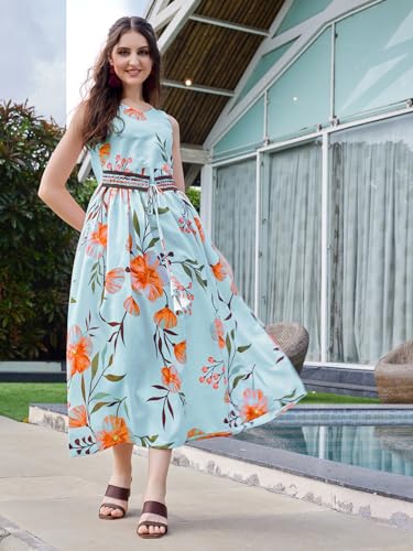 Image of EthnicJunction Women's Silk Blend Anarkali Floral Print Sleeveless Kurta with Attached Blet