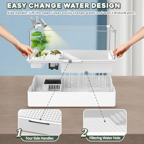 Image of GOZILLA Small Turtle Tank Kit+Water Pump+Lamp, Acrylic Turtle Tank Starter Kit with Adjustable 5W Water Pump and Timing /Dimming Lamp, Multi-Functional Area for Small Turtles(White Kit).