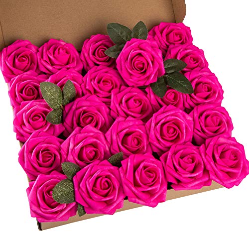 LuLuHouse 25pcs Artificial Flower Foam Rose Real Touch Roses Flower Heads with Stem