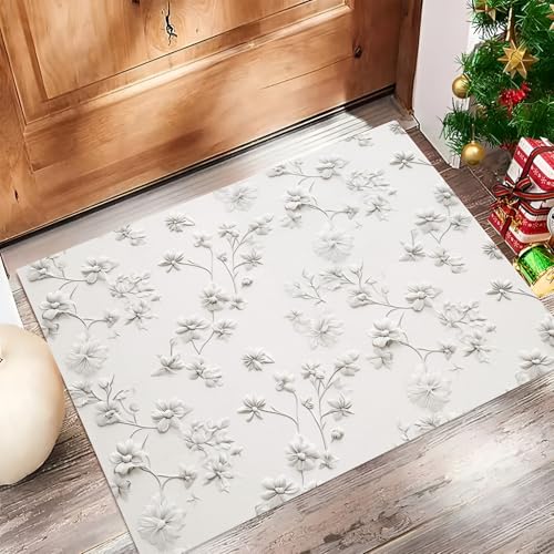 Paillasson Intérieur 60x90cm Fleurs Beige Gris Tapis d'Entrée Absorbant