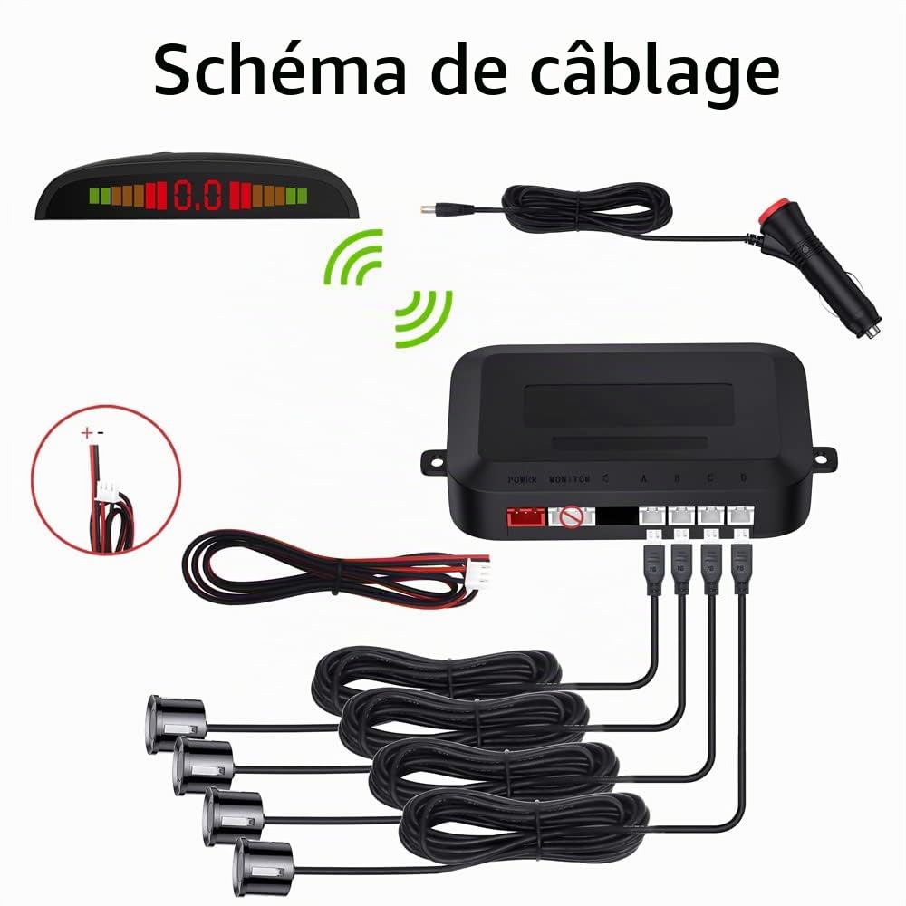 Kit d'aide au stationnement sans fil, système de radar de recul avec 4 capteurs PDC, affichage de distance LED sans fil avec avertissement sonore