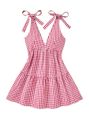 Women's Plaid Tie Shoulder Mini Dress Ruffle Hem Deep V Neck Sleeveless A Line Y2k Dresses