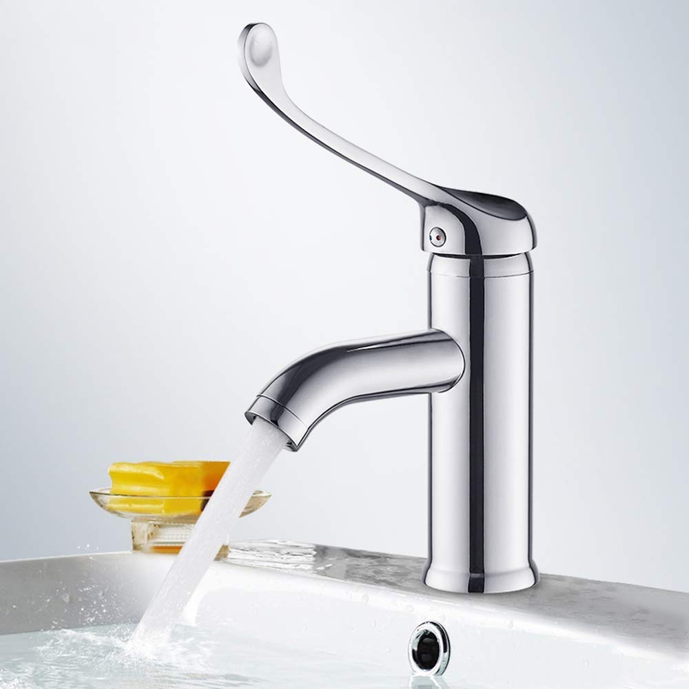 Grifo monomando para lavabo, montado en la cubierta Mesa superior e inferior Grifo mezclador para lavabo Codo de cobre Grifos de laboratorio táctiles abiertos Manija larga elevada Caliente y frío/a