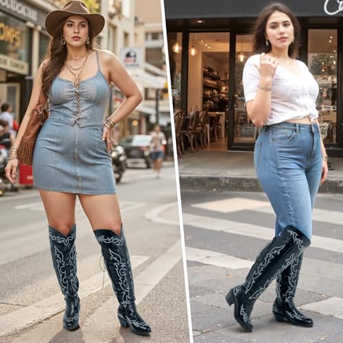SheSole Thigh High Cowboy Boots for Women Wide Calf - Comfort Fit Over The Knee Cowgirl Boots with Almond Toe & Western Embroidery for Stability2