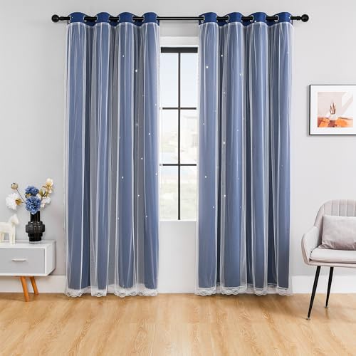 Image of XiDi Black Out Curtains for Bedroom, Double Layer, Unicorn Pattern, Navy Blue