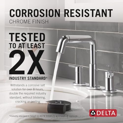 Image of Delta Nicoli Chrome Bathroom Faucet with Sprayer, 8 Inch 3 Hole Widespread Bathroom Sink Faucet with Pull Out Sprayer, Push-Pop Drain, Chrome 35849LF-PD