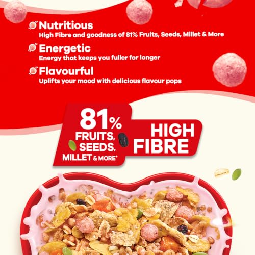 Image of Saffola Millet Muesli with Crunchy Flavour Pops & High Fibre | 650g | Fruit Crunch | 81% Fruits, Seeds & More | Power of Millet | Goodness of 5: Protein, Fibre, Vitamins, Iron & Jowar