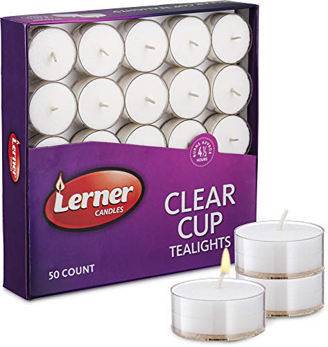 Lerner Clear Cup White Unscented Tea Light Candles - 4.5 Hour Long Burning Tealight Votive Candles - Bulk Candles Pack of 50 for Holiday, Wedding and Home Decoration