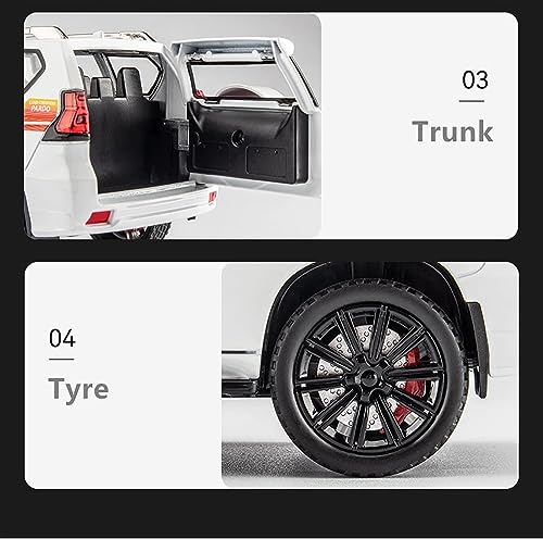 Image of DEOXY 1:32 Die-Cast Metal Prado Car Toy with 6 Openable Doors, Lights, and Sounds for Kids Boys and Girls Children (White)