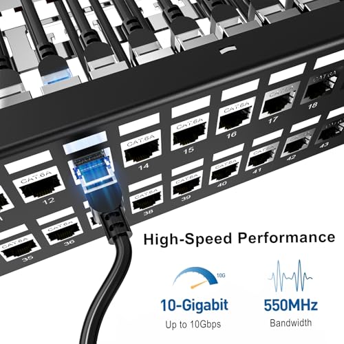 Image of Jadaol [UL Listed] 48-Port Shielded Cat6A Patch Panel, 19 inch 2U Rackmount /Wall Mount Feed-Through RJ45 Panel with 48 Preloaded Shielded Keystone Couplers + 2 Spare, Up to 10Gbps, Cable Management Bar