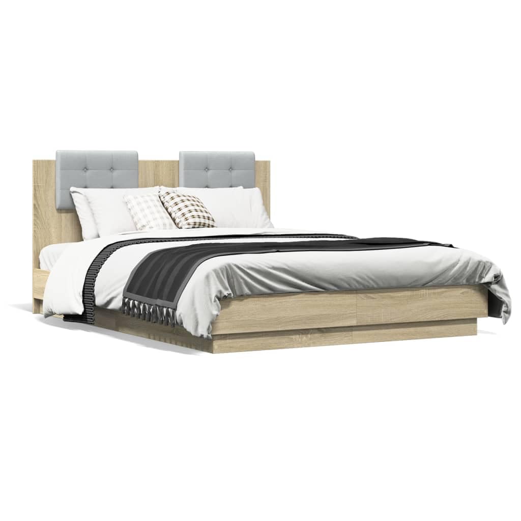 Homgoday Canapé con cabecero y LED de roble Sonoma 135 x 190 cm, cama con marco de cama, somier para dormitorio, estructura de cama, estructura moderna