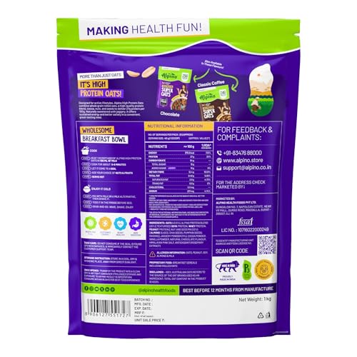 Image of ALPINO 27% High Protein Oats Dark Chocolate 1kg - Rolled Oats, Protein Blend, Jaggery Powder, Cocoa Powder, Nuts & Seeds - 27g Protein, Source of Dietary Fibre & Healthy Fats, No Refined Sugar & Salt