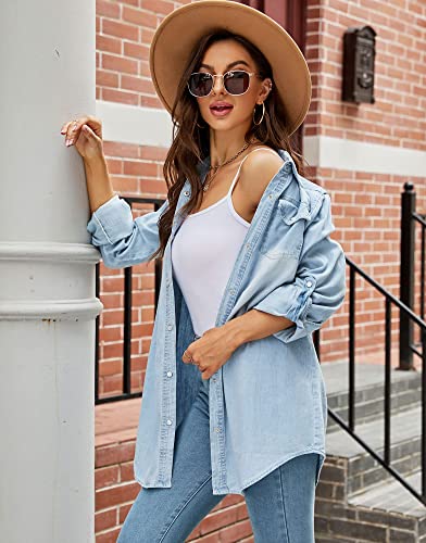 Kedera Womens Button Down Denim Shirt Long Sleeve Roll Up Boyfriend Jean Jacket Shacket4