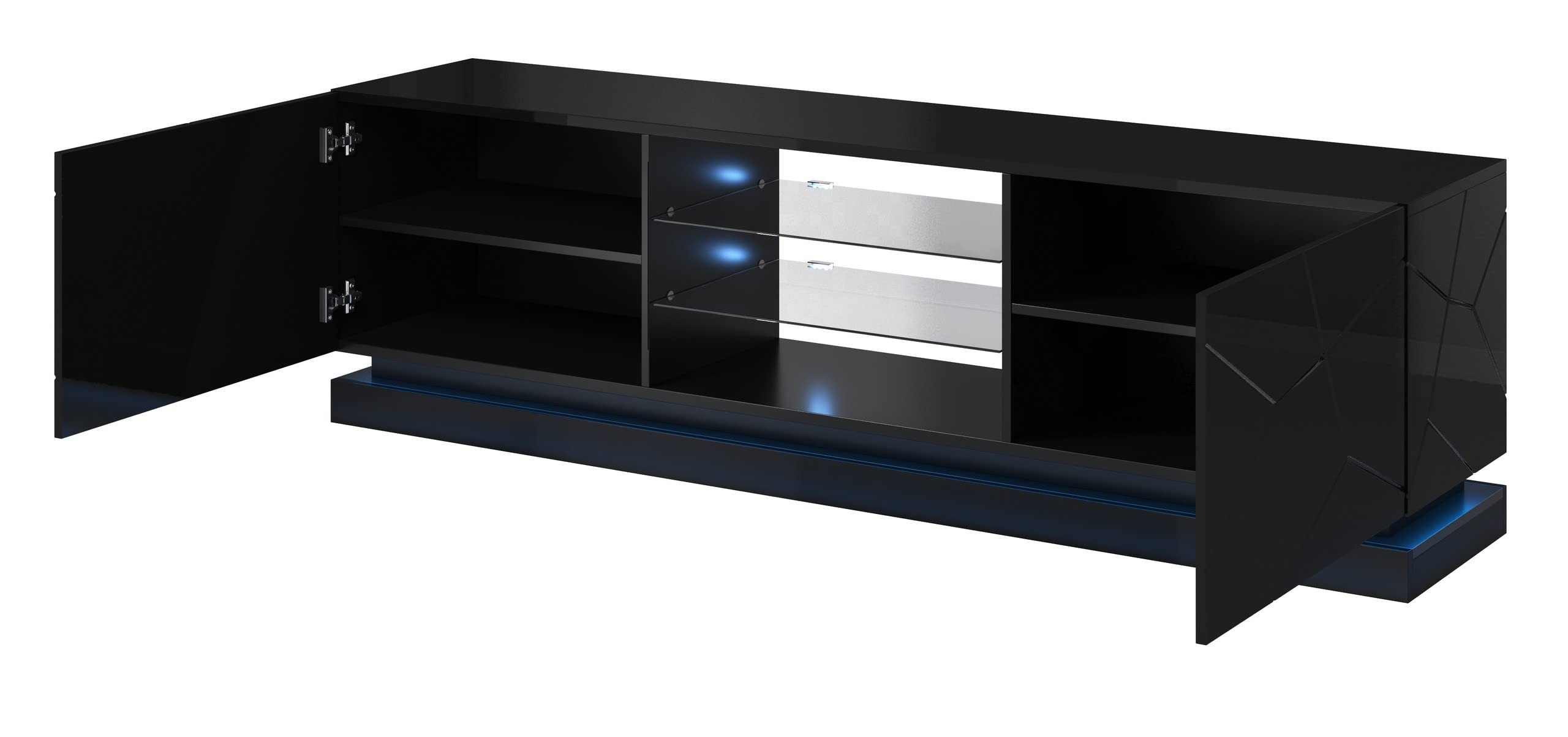 Furniture24 Tv Schrank QIU 200, Lowboard, Unterschrank, Fernsehentisch, Fernsehenschrank mit 2 Türen und LED Beluchtung (Schwarz Hochglanz), 200/57/43