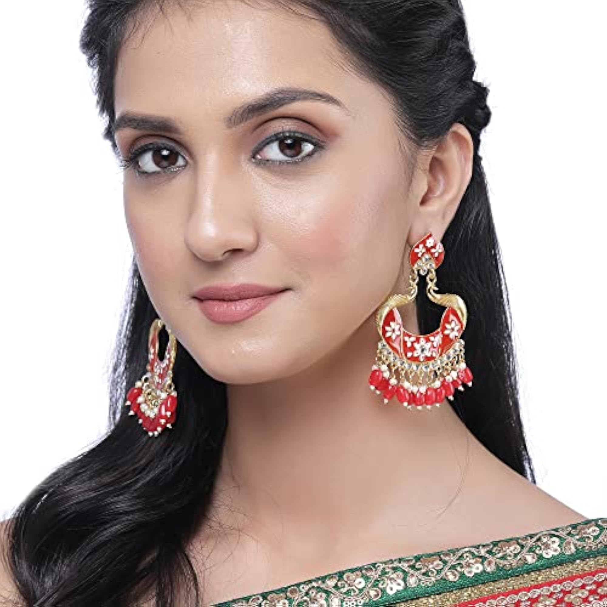 Gold-Plated Peacock Earrings with Kundan & Pearls