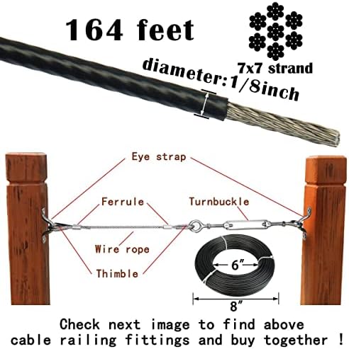 Kit de barandilla de cable Muzata: 165 pies de cable de acero inoxidable recubierto de vinilo negro (3/32" a 1/8"), con 10 tensores M4 tipo gancho y ojal, modelo CN09 miniatura 3