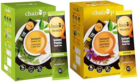Chaizup Premium 1 Min Instant Assorted Tea Pack - 20 Sachets | Cardamom & Saffron Flavours | 20 Servings | 2 Packs (10 Flavours Each) | 280g