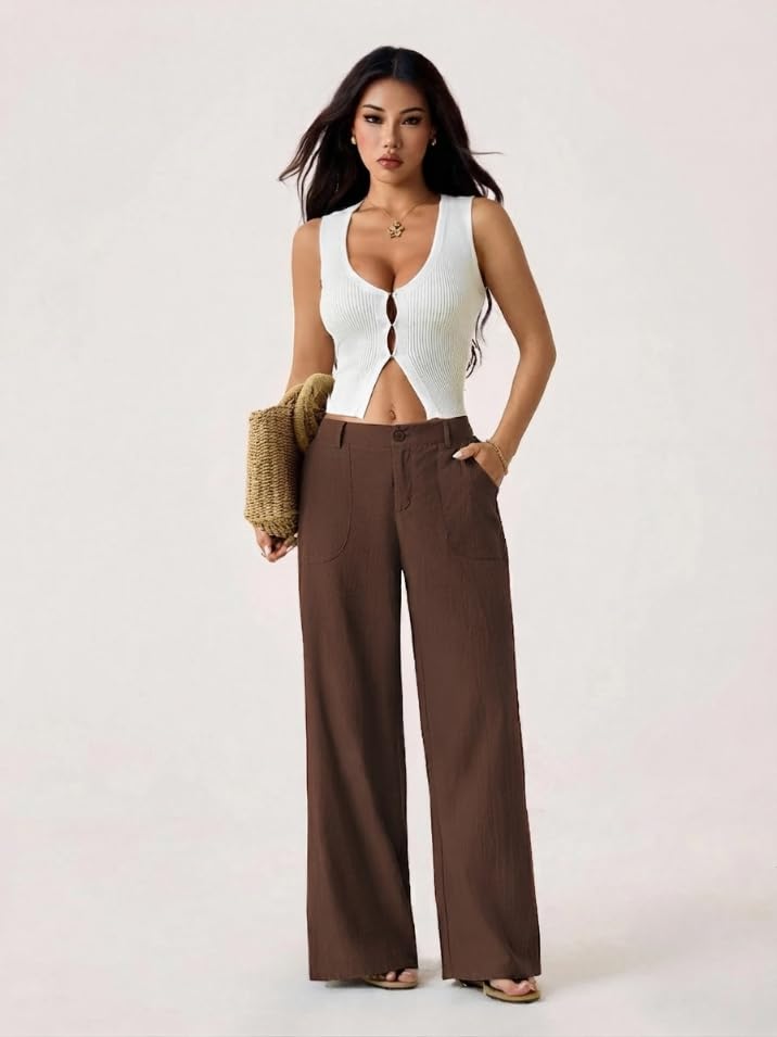 Image of GRECIILOOKS Beige Wide Leg Linen Trousers for Women | High Waist Cotton Baggy Korean Style Casual Pants | Comfortable Formal & Casual Women Trousers