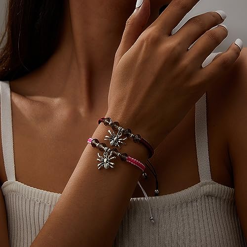 Image of Spider Bracelets for Couple Friendship Couples Bracelets Adjustable Braided Rope Energy Stone Charm Bracelets Matching Bracelet Halloween Party Jewelry (Black+White)
