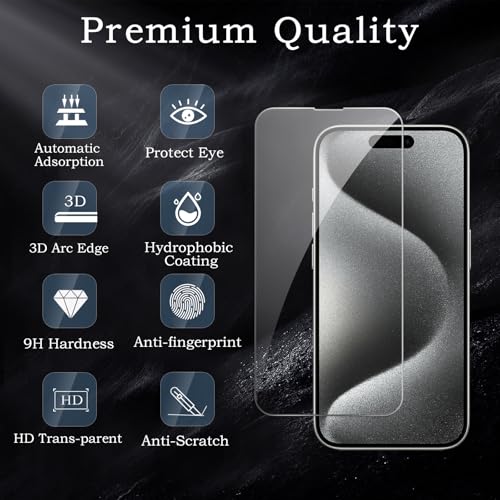 Image of Screen Protector for iPhone 15 Pro Max, Tempered Glass Film, Ultra HD 9H Hardness Case Friendly Anti Scratch Bubble Free Ultra Resistant Oil-Resistant Shatter Protection, 3-Pack
