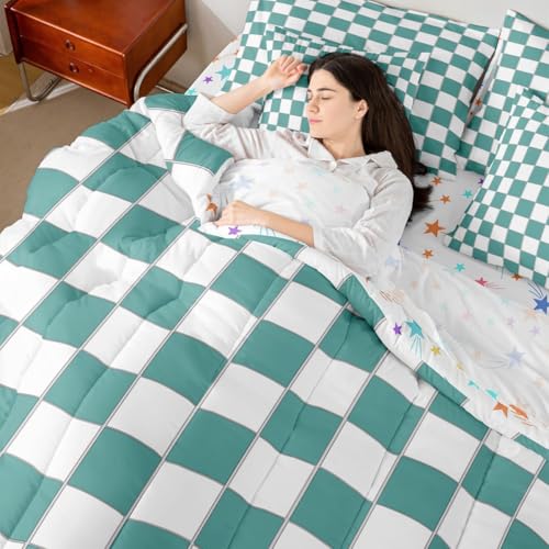 Image of Erosebridal Girls Teal Bedding Set King Turquoise Checkered Comforter Set with Sheets 7 Piece for Kids Teen Women,Geometric Grids Plaid Bed in A Bag Bedroom Decor,Gingham Bed Sets