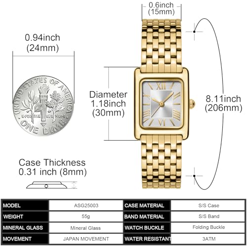 Image of Asan Ge Watches for Women Vintage Bracelet Roman Dial Japanese Movement Rectangular Case Watch 3ATM Waterproof Self-Adjust Watch Size Without Tools