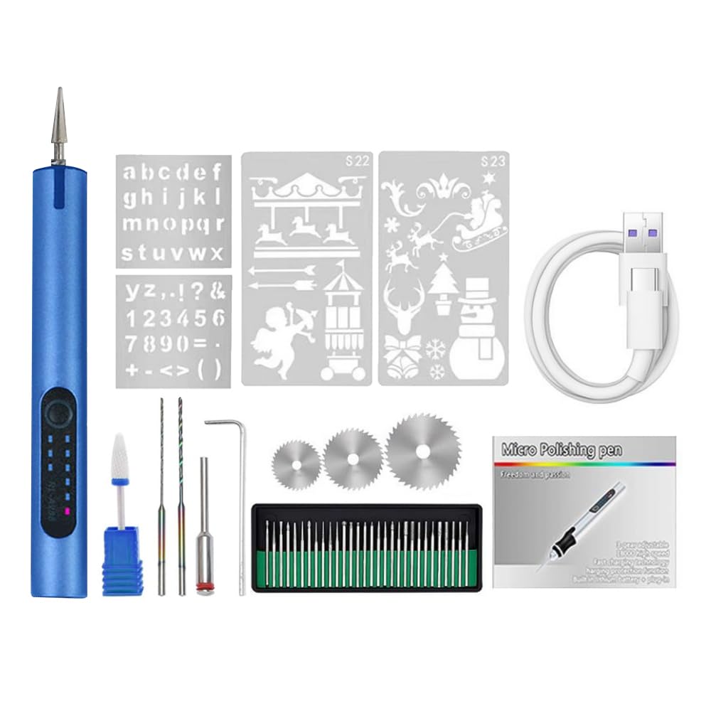 Kit bolígrafo grabador eléctrico, herramienta grabado inalámbrica, mini bolígrafo grabado madera, kit tallado madera con 35 puntas y accesorios para tallar vidrio, metal plástico, joyería, uñas (azul)