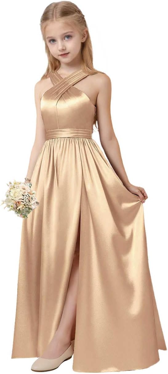 Junior Girls Bridesmaid Halter jr Bridesmaid Dresses for Teens Split Satin Flower Girl Formal Gown for Wedding